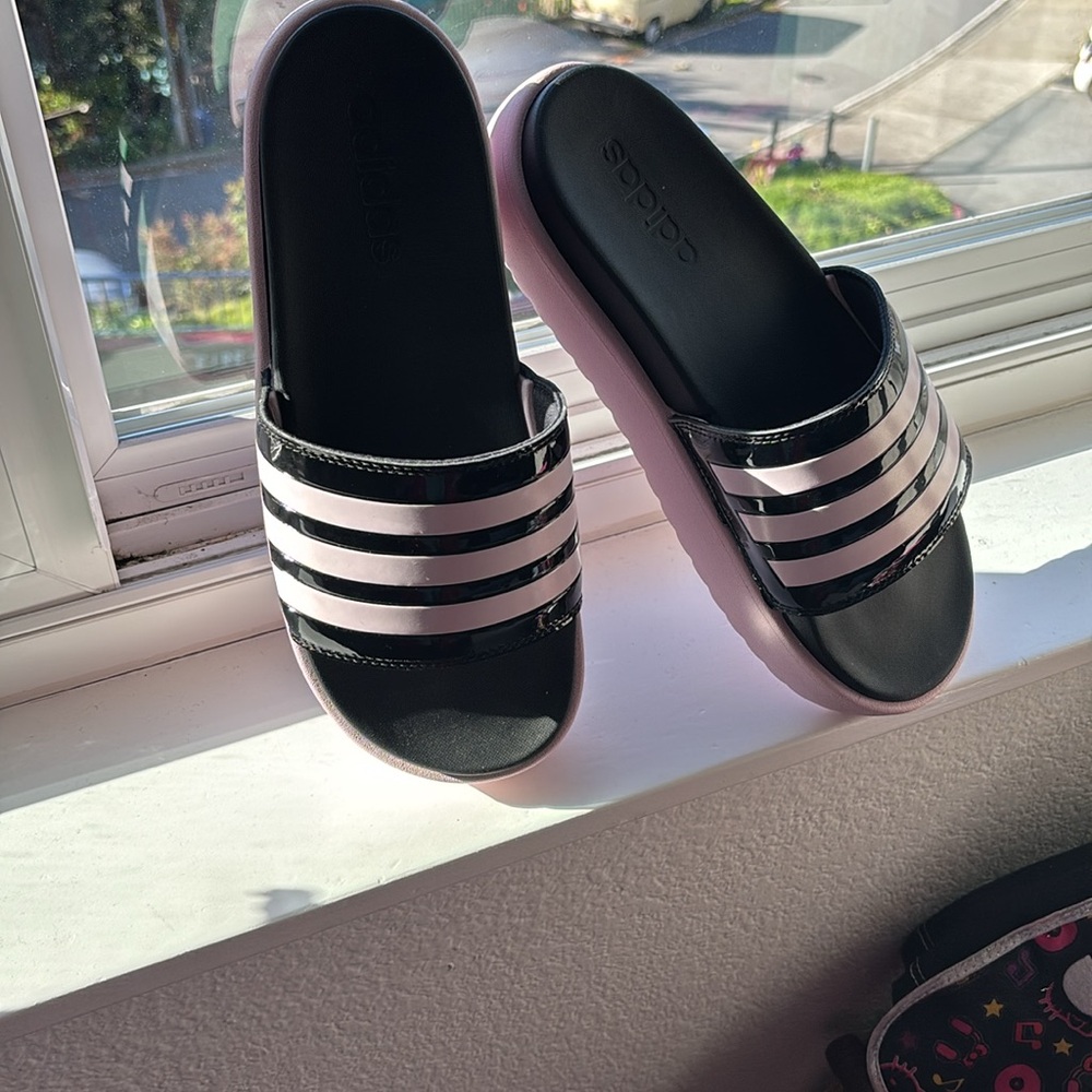 Adidas Black and Pink Slide Sandals